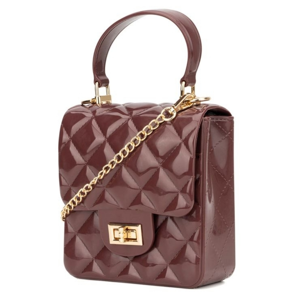 Quilted Burgundy Patent Leather Flap Crossbody Handbag with Gold Hardware